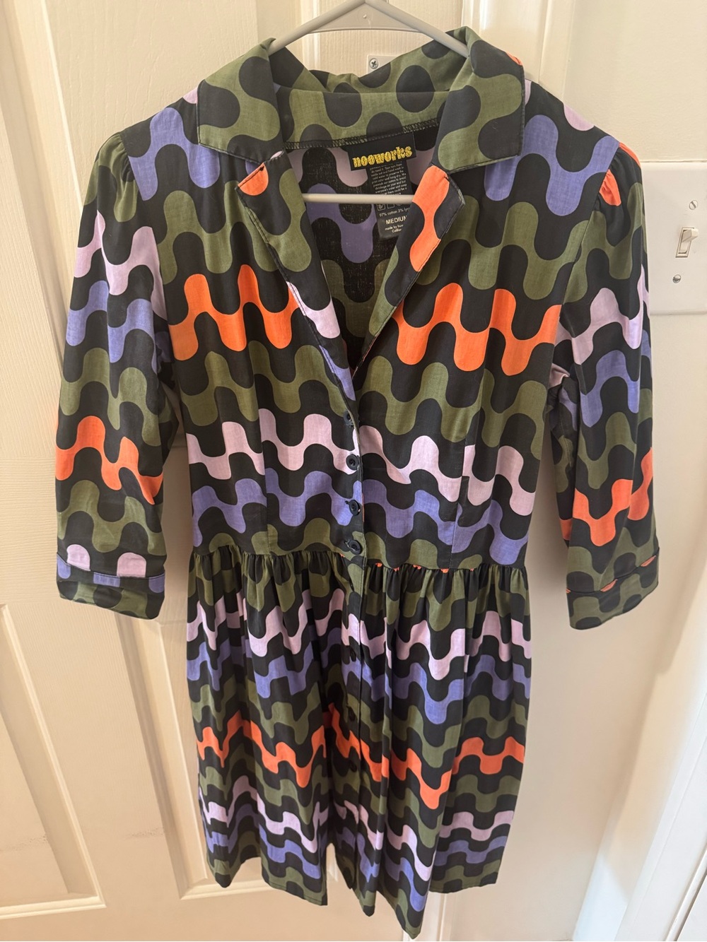 Nooworks Olive Multi Wave-Print Shirt Dress with Orange & Lavender Accents